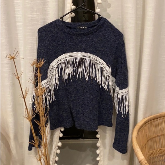 • Boho • Nagy & White Fringe Long Sleeve Top • - Picture 3 of 5